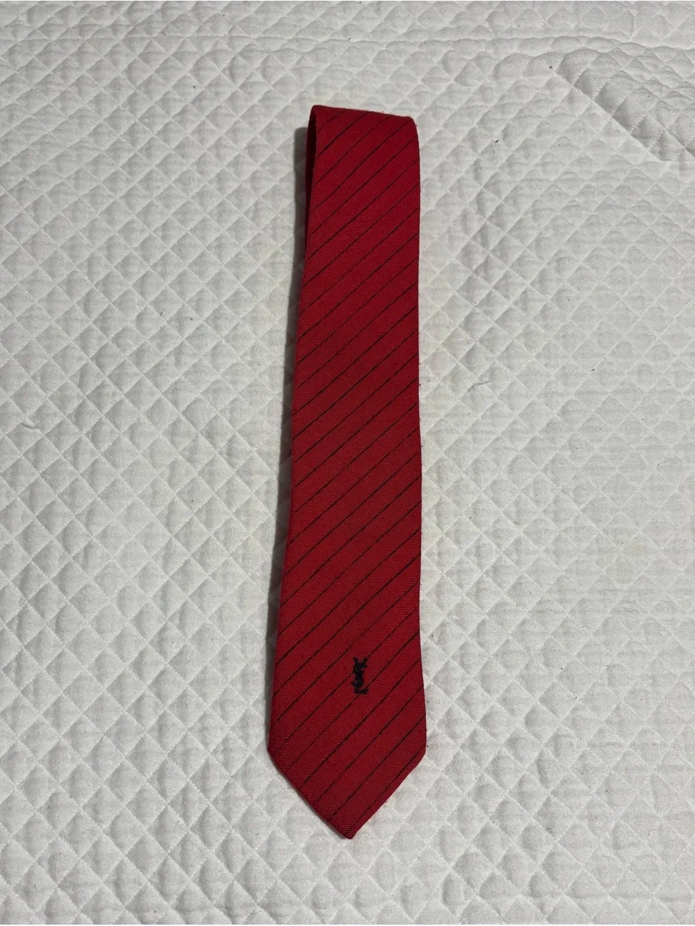 Yves Saint Laurent Vintage Red Pinstripe Silk Tie with YSL Embroidery